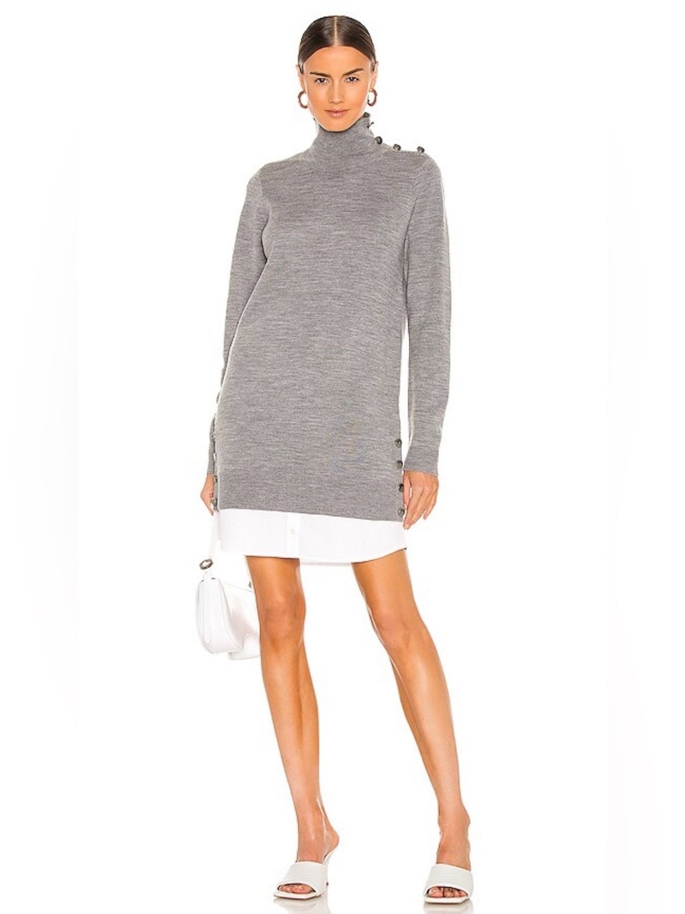 VERONICA BEARD Soval Mixed Gray Button-Detail Mock Neck Tunic Sweater SZ Medium.
